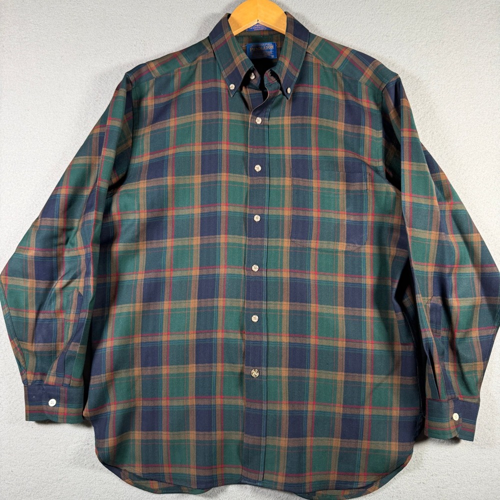 Sir Pendleton Mens Large Green Plaid Worsted Virgin Wool Button Down Shirt